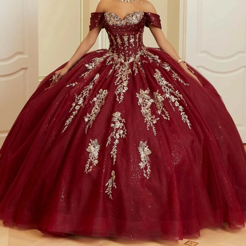 Burgundy Shiny Princess Quinceanera Dresses Off Shoulder Gold Applique Lace Beads Tull Floral Sweet 16 Dress vestidos de 15