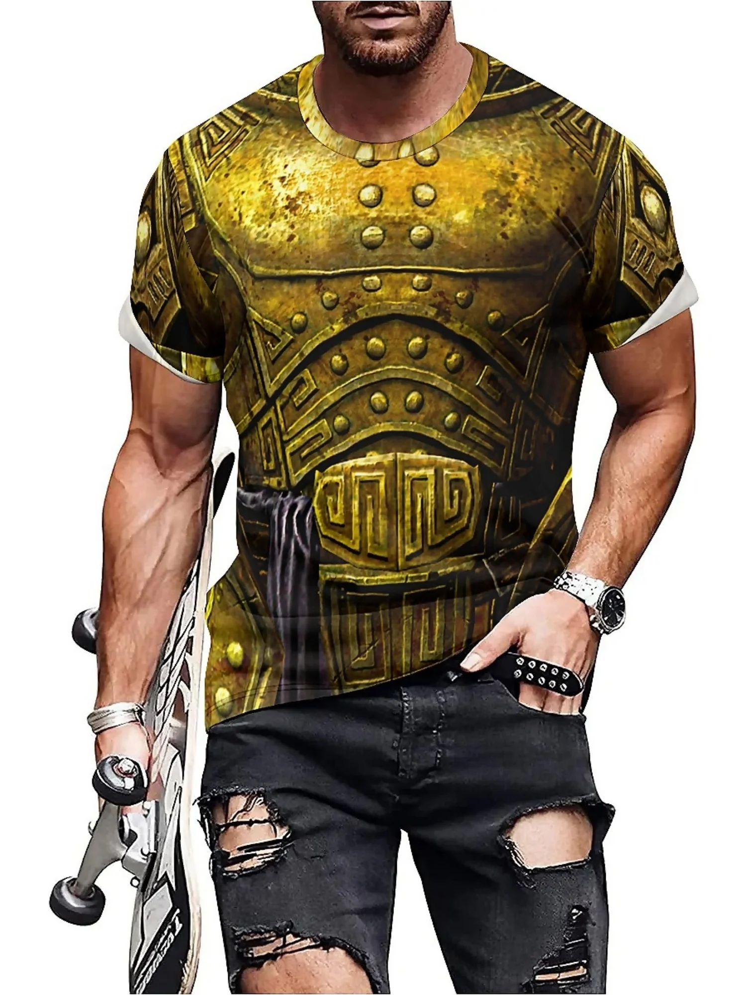 Camiseta con armadura de caballero dorado con estampado 3D para hombre, diseño europeo medieval vintage, estilo gótico, perfecta para cosplay y ropa casual