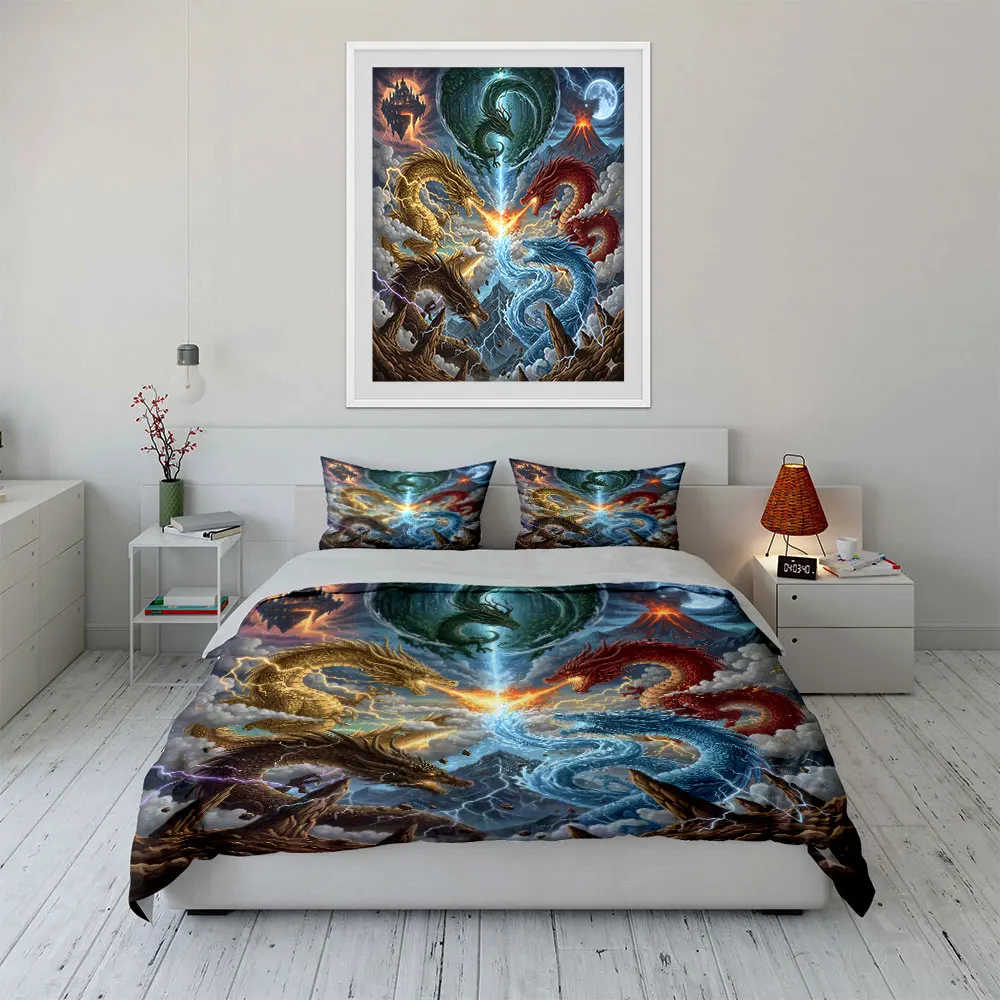 Elemental Battle of Dragons Pattern Duvet Cover Set Digital Print Colorful Polyester Bedding with Zipper Closur for kids gifts