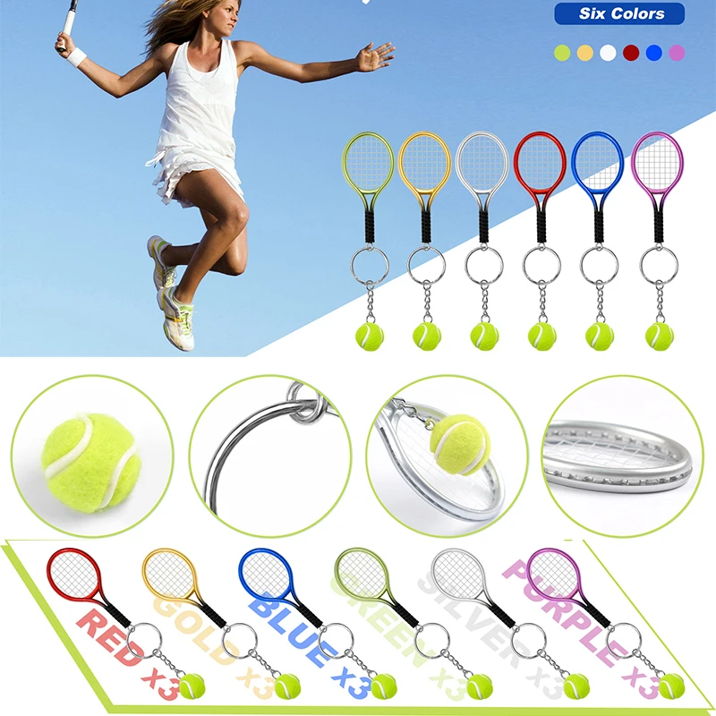 30Pcs Tennis Keychain Tennis Racket Key Ring Alloy Tennis Ball Split Ring Tennis Trinkets for Tennis Sport Lover Team 6 Colors