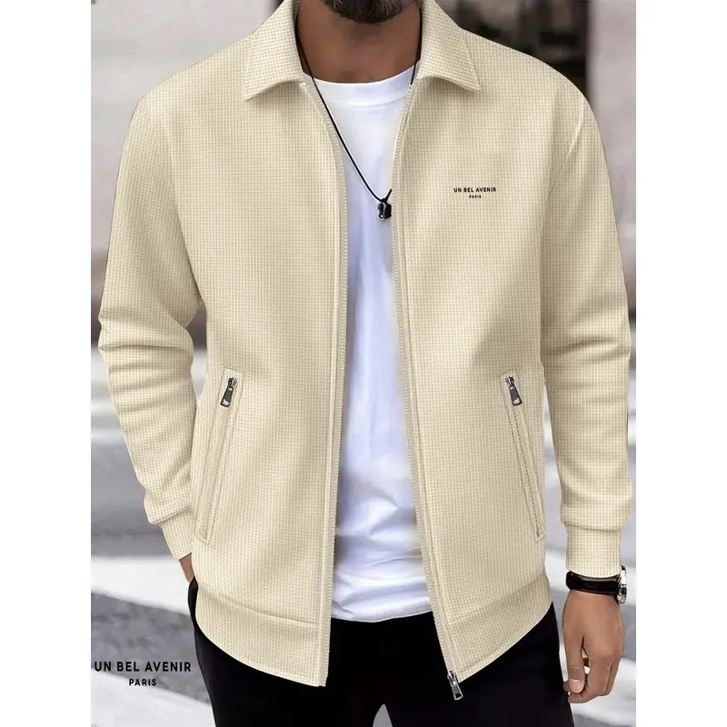 Men's Solid Color Waffle Knit Long Sleeve Zipper Work Jacket，Minimalist line print，Outdoor sports spring and autumn men's jacket