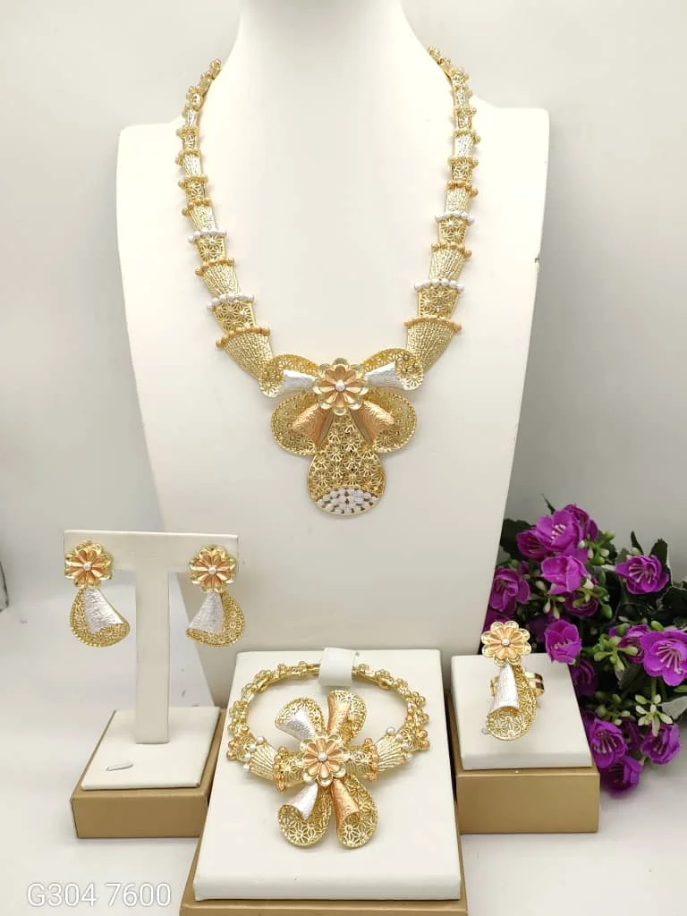 Yulaili Luxurious Golden Jewelry Set with Intricate Floral and Bow Designs Necklace Earrings Bracelet Ring Glamorous Look I0081