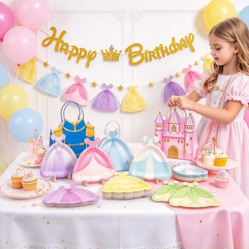 Pastel Macaron Princess Birthday Party Decorations,Princess Happy Birthday Banner Garland Streamer Gift Bag Princess Dress Plate