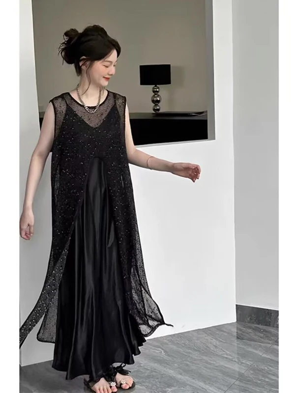 

plus Size 300 Pou Bla Hollow out Slit Two Piece Set Women's Summer Casual Sle Korean Loose Fit Hollow out Dr