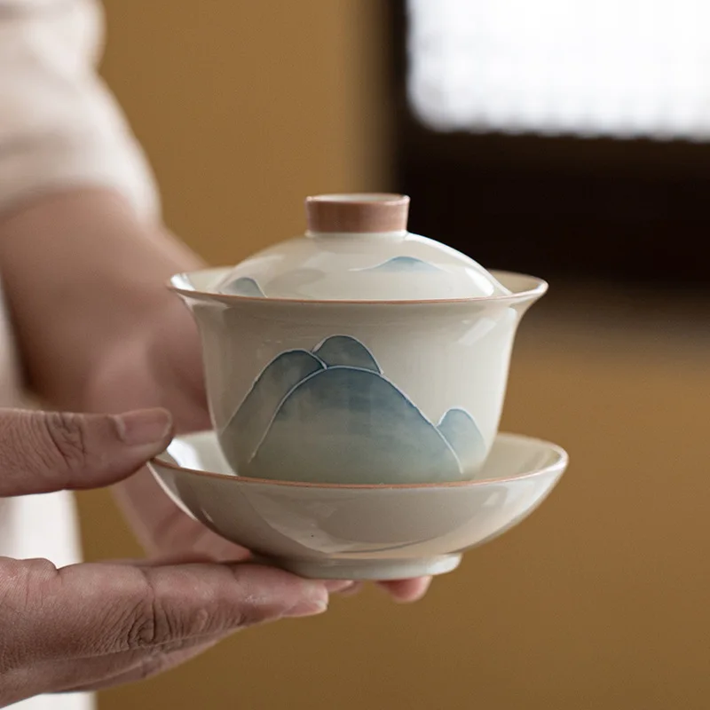 Hand-painted Cover Bowl Ceramic Home Tea Three Under Glaze Hand-painted Mountain Land Ice Table Glaze Tea Bowl