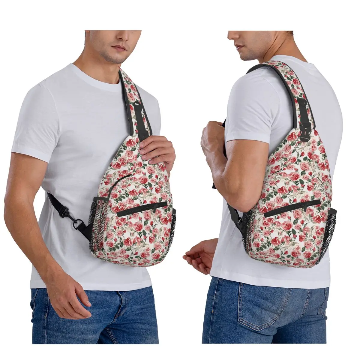Red Roses Floral Pattern Chest Bag Men Sling Crossbody Backpack Chest Bag Travel Hiking Daypack Shoulder Bag