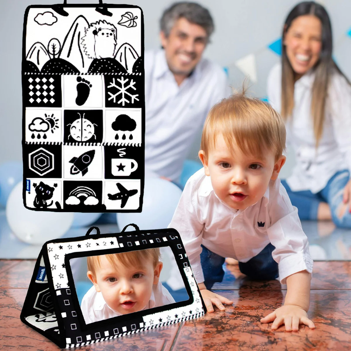 Libro in stoffa a specchio bianco e nero per bambini, giocattolo pieghevole per libri in stoffa con specchio sospeso, specchio per il tempo della pancia, specchio per il tempo prolungato