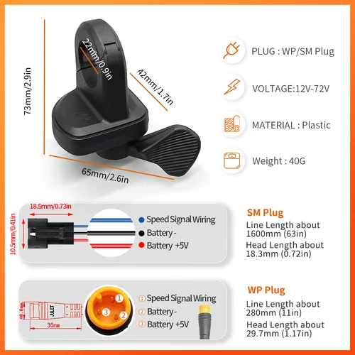 Imagen 2 del producto Acelerador de pulgar para bicicleta eléctrica, enchufe macho de 3 pines, resistente al agua, acelerador de mano derecha para 12V, 24V, 36V, 48V, 72V