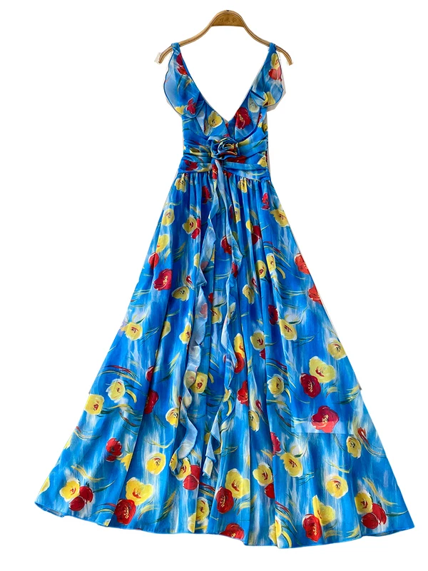 エレガントな V ネック シフォン プリント ドレス フライング スリーブ付き レディース ホリデー フローラル サッシュ ウエストシェイプ マキシ スカート 韓国スタイル