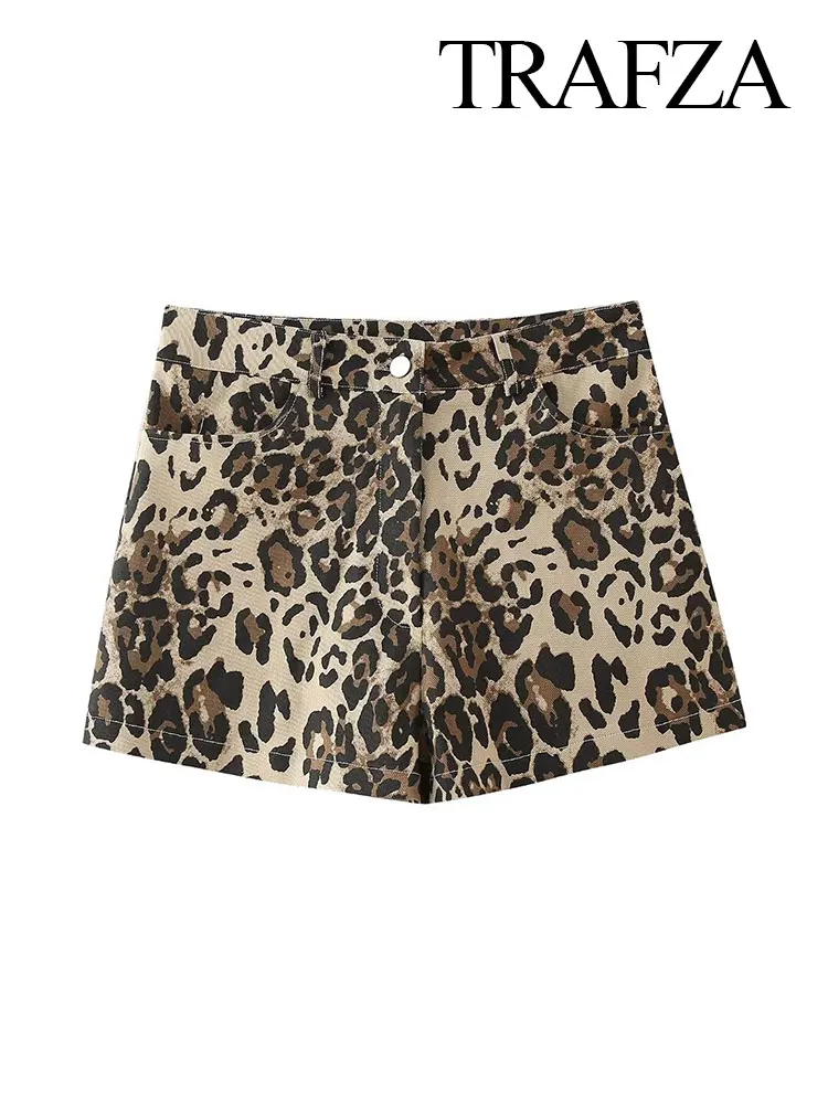 

TRAFZA Stylish Leopard Print Straight Summer Shorts High Waist A Line Casual Elegant 2024 Female Pockets Versatile Pants TRAF