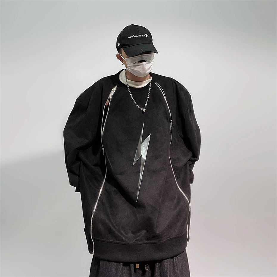 

Hip Hop Oversize Hoodies Sweatshirts Men Vintage Reflective Graphic Pullover Streetwear Y2K Harajuku Zipper Design Sweatshirts