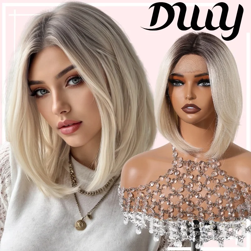 13*5*1 T Part Lace Front Synthetic Wig for Women Ash Brown To Blonde Platinum Short Straight Bob Hair With Heat Resistance Daily