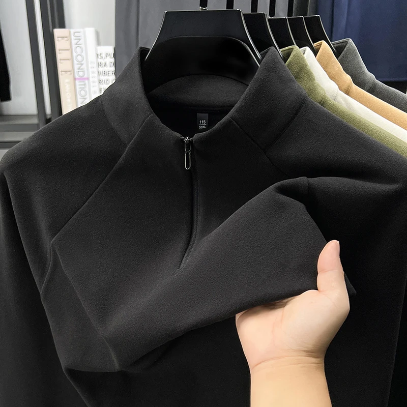 2025 الرجال الألمانية المخملية الخريف والشتاء جديد نصف سستة الوقوف طوق هوديي موضة عادية بلون أسفل قميص