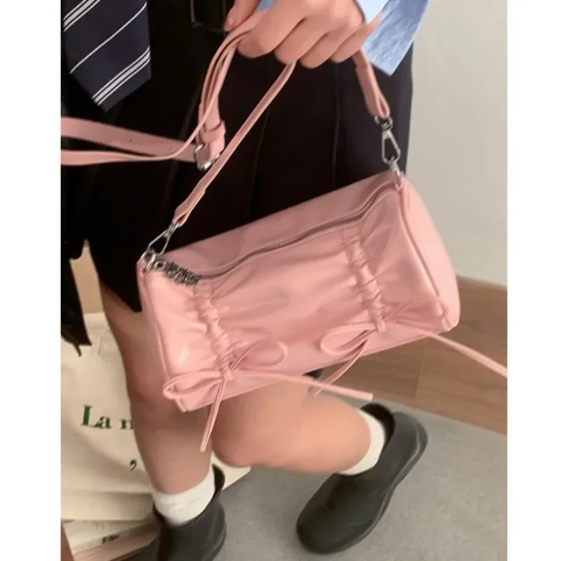 Xiuya Pleated Pink Women Shoulder Bag Bow Pillow Leather Sweet Elegant Fashion Handbag Gentle Casual Exquisite Ladies Armpit Bag