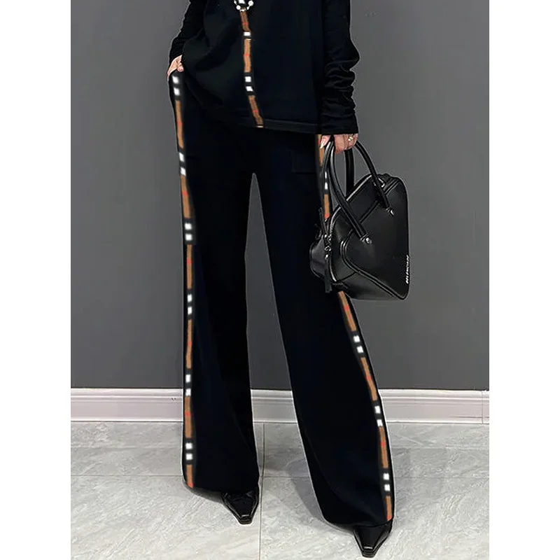 Krisnanas Autumn Women Casual Suits 2024 New High Neck T-Shirts Tops and Loose Wide Leg Pockets Pants for Office Ladies