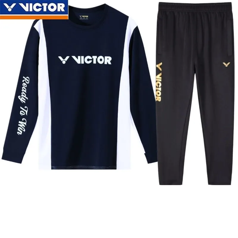 Victor 2025 New Men's and Women's Same Badminton Clothing Fashion Printing Long-sleeved Top with Trousers Suit