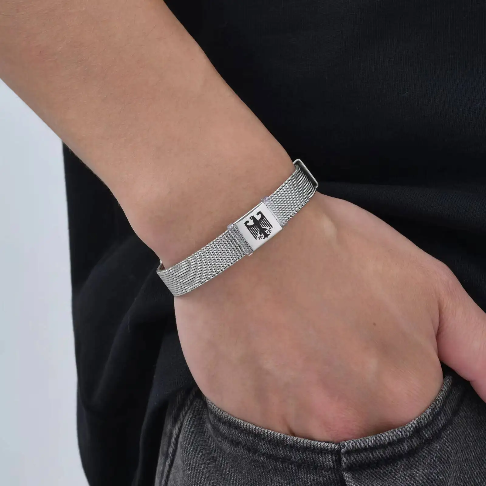 ドイツの鷲のブレスレット、男性、男の子用、ステンレススチールメッシュ調節可能なリストバンド、ドイツのジュエリーギフト
