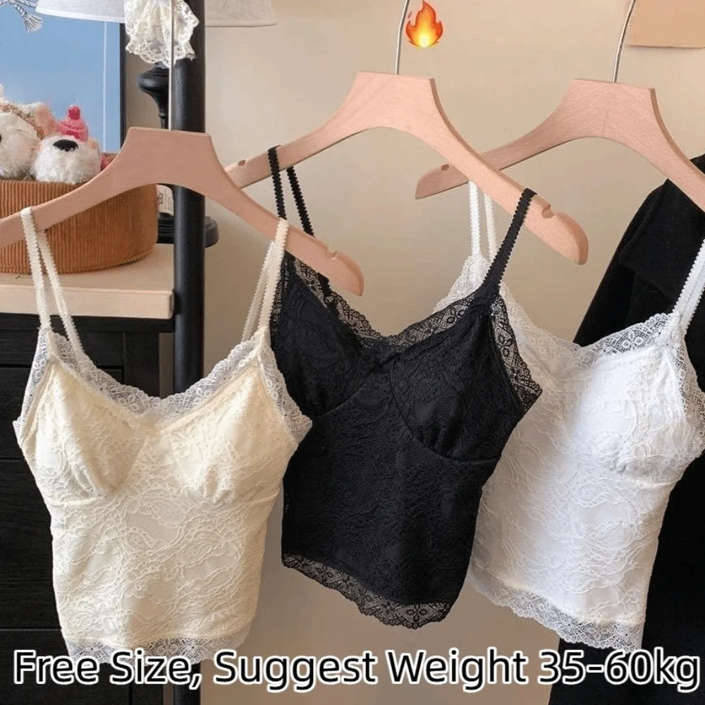 เสื้อครอปตาข่ายลายดอกไม้ แต่งลูกไม้บางเบา เสื้อกล้ามเด็กผู้หญิงบุขนนุ่ม สไตล์สาวเปรี้ยว เสื้อซับในแบบมีฟองน้ำสำหรับผู้หญิง