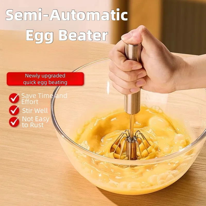 316 Stainless Steel Semi-Auto Egg Beater, Manual Press-Down Whisk for Baking, Cream & Batter Mixing, Rust-Proof & Easy Clean