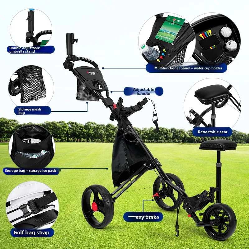 Golf Three-wheel Trolley Foldable Storage Bag With Brake Seat