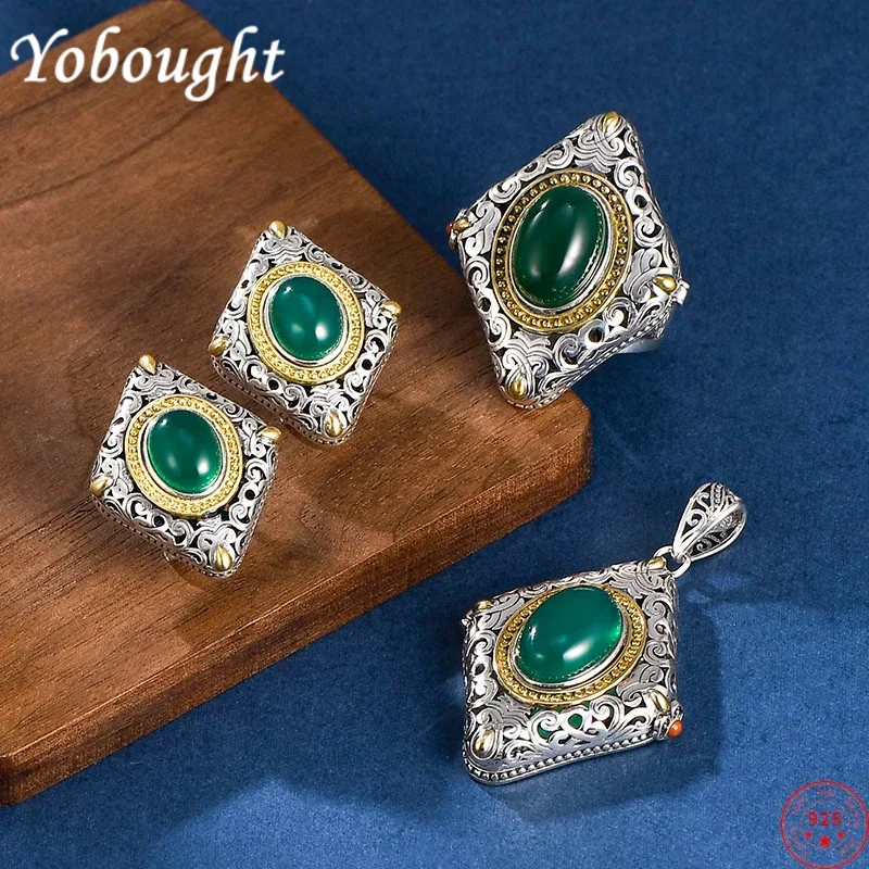 

S925 Sterling Silver Jewelrset For Women Vintage Carved Hollow Inlaid Green Agate Pendant Ear Studs Earrings Rings Free Shipping