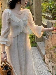 Elegant Vintage Lace Fairy Dress Women 2023 Autumn Sweet Rufffle Long Sleeve Party Dress Female Casual Korean Embroidery Dresses