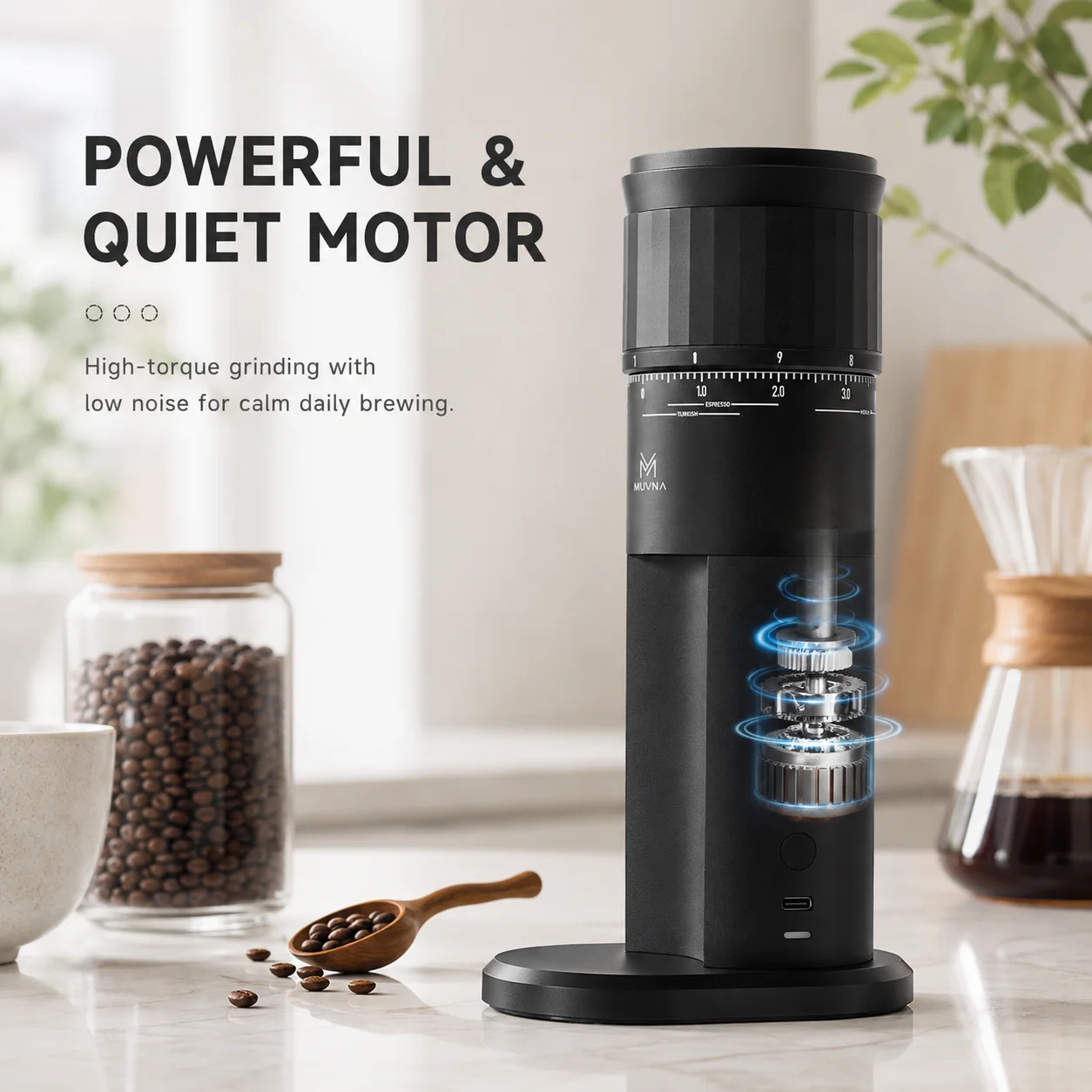 MUVNA Electric Coffee Bean Grinder Stepless Adjustable Burr Grinder Magnetic Catch Cup Low Noise Espresso Pour Over Moka Pot