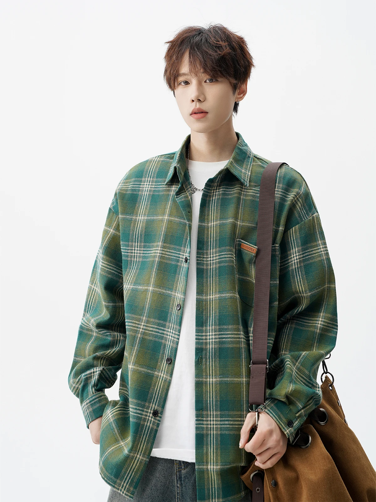 Summer and Autumn American Style Men's Blue Plaid Long Sleeve Shirt High Street Loose Versatile Casual Green Short Sleeve Shirt