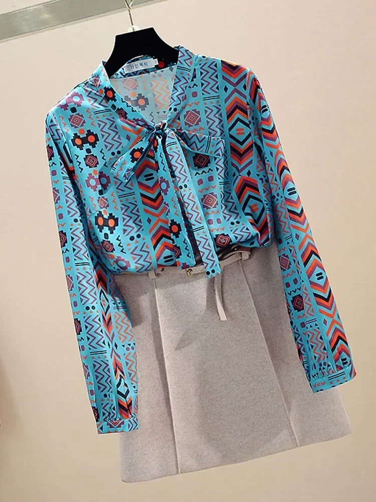 

Весенне-осенняя женская блузка, новая рубашка с бантом и геометрическим узором, корейский стиль, тонкие женские топы с длинными рукавами LL318