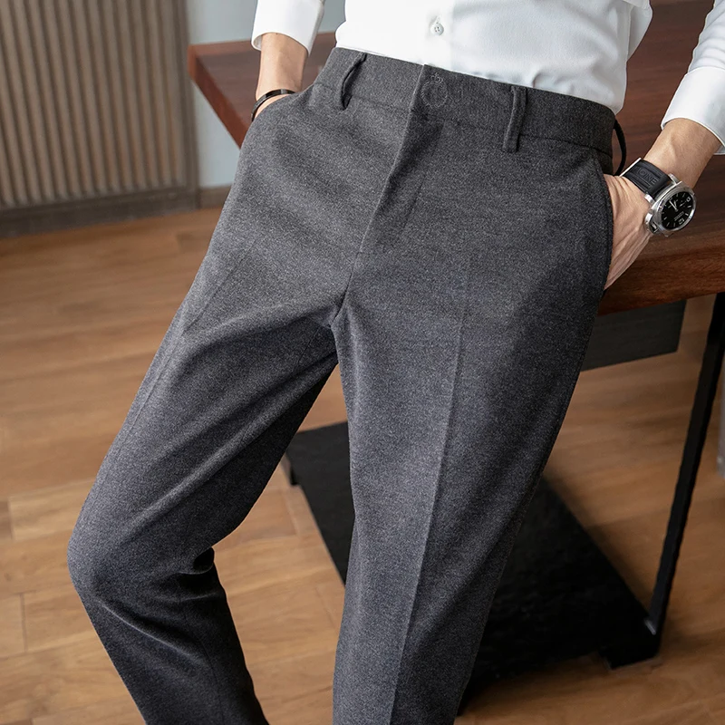 2024 New Solid Color Business Casual Tailored Suit with Thick and Warm Woolen Trousers.High Quality Embroidered Pants.