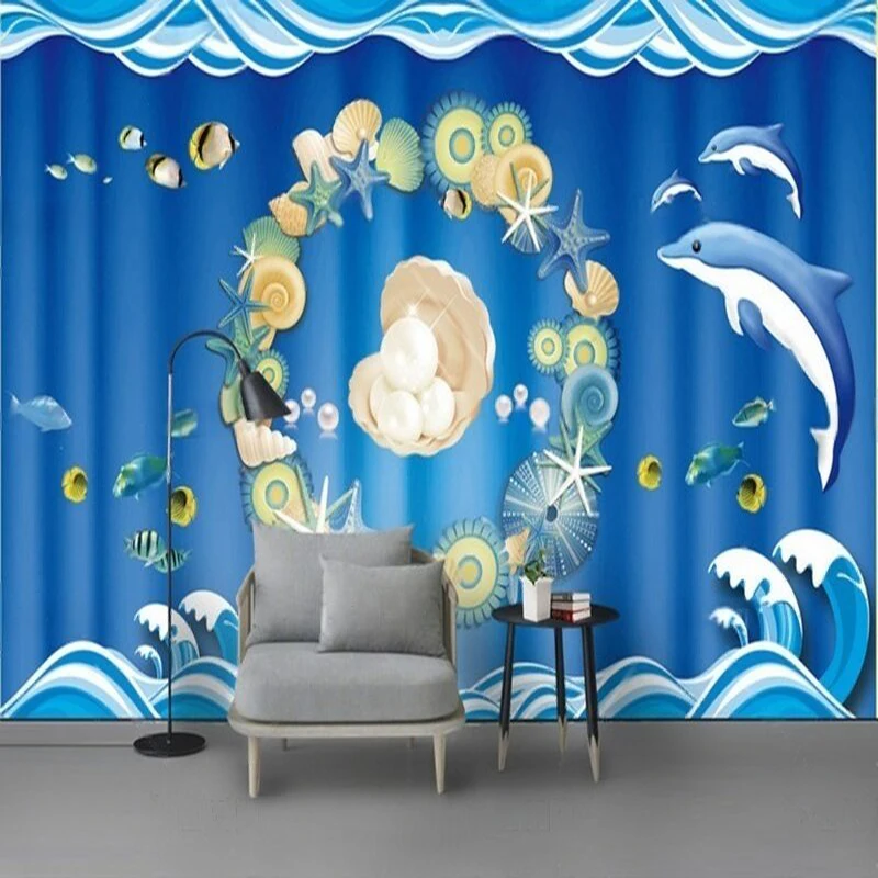 Dolphin conch shell pearl blue simple Dolphin fish Underwater world TV sofa luxurious home decoration bedroom background wall