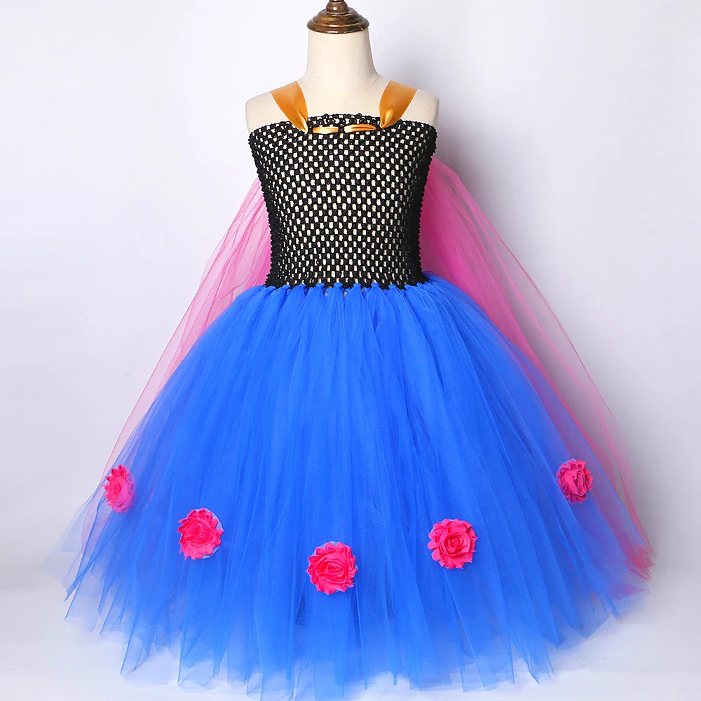 Princess Anna Long Tutu Dress for Girls Snow Queen Christmas Costumes Kids Halloween Birthday Outfits with Cloak Crown Stick