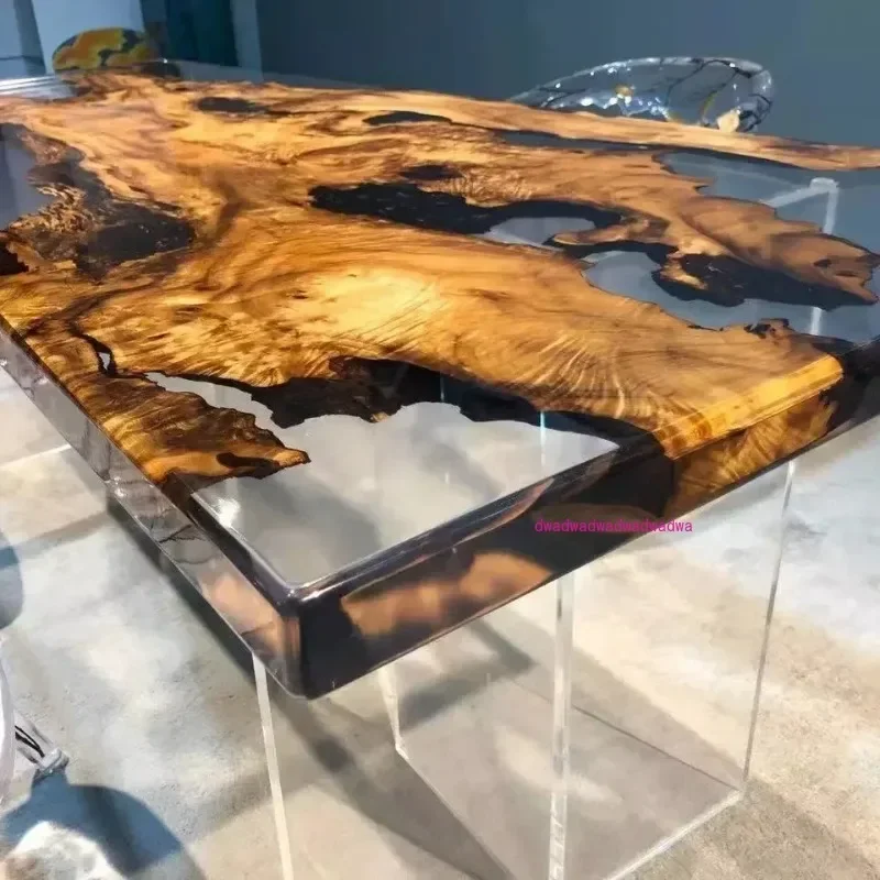 

Luxury design most popular solid wood walnut Qinghe transparent epoxy wood resin table