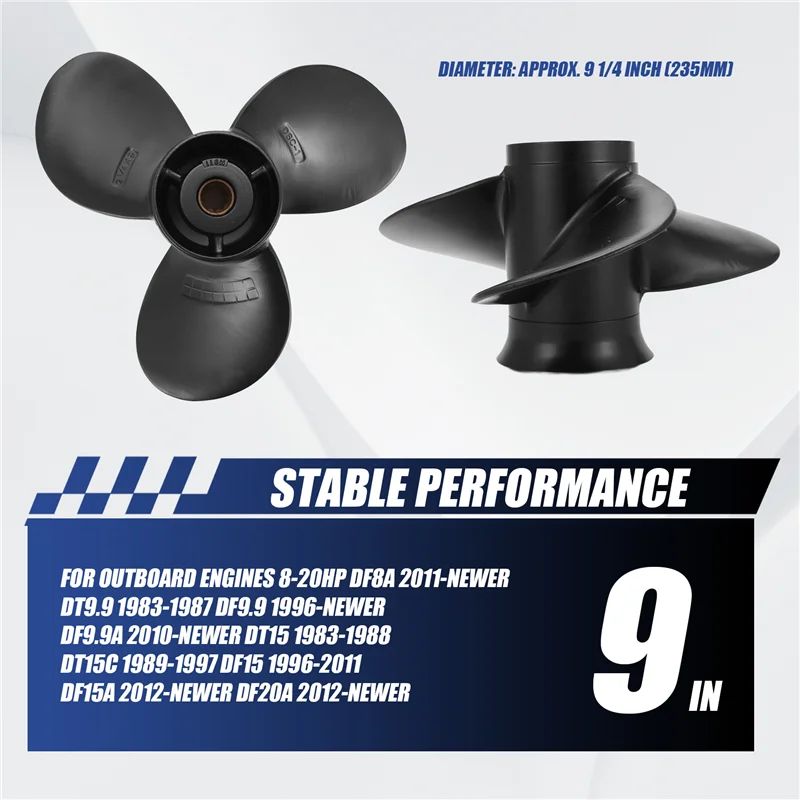 

Portable Outboard Propeller 58100-93723-019 For Suzuki 8-20Hp 9 1/4 X 9 Aluminum Alloy 3 Blade Black 10 Spline Tooth R Rotation