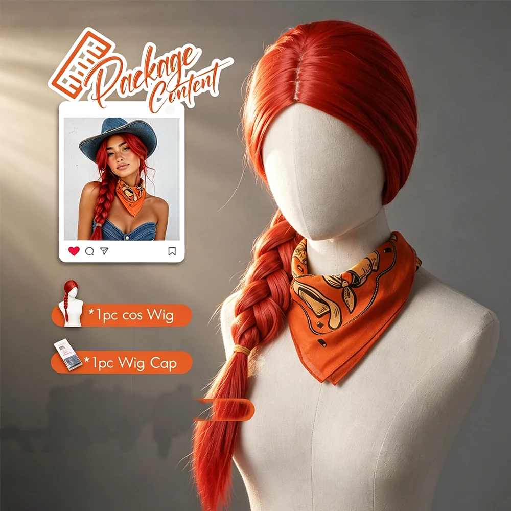 Long Red Pigtail Wigs for Women, Synthetic Realistic Cosplay WigsBraided Wigs, Straight Pigtails Style, Heat Resistant