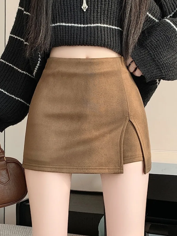 

Замшевая сексуальная облегающая юбка в американском стиле для женщин, осень-зима, новая юбка с разрезом и высокой талией, кофейная полуюбка в стиле ретро