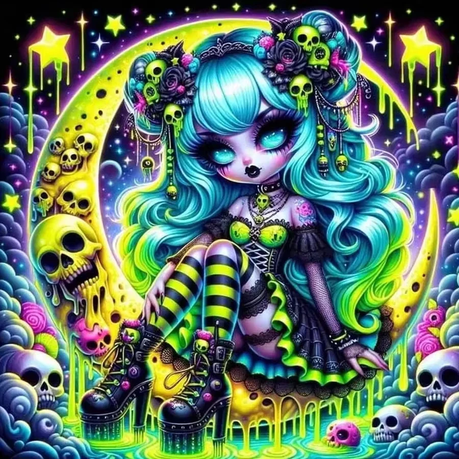 Psychedelic Neon Gothic Crescent Moon Skulls Cosmic Scene Jigsaw Puzzles 500PCS/1024 PCS Wall Decor for  Room Perfect Gift