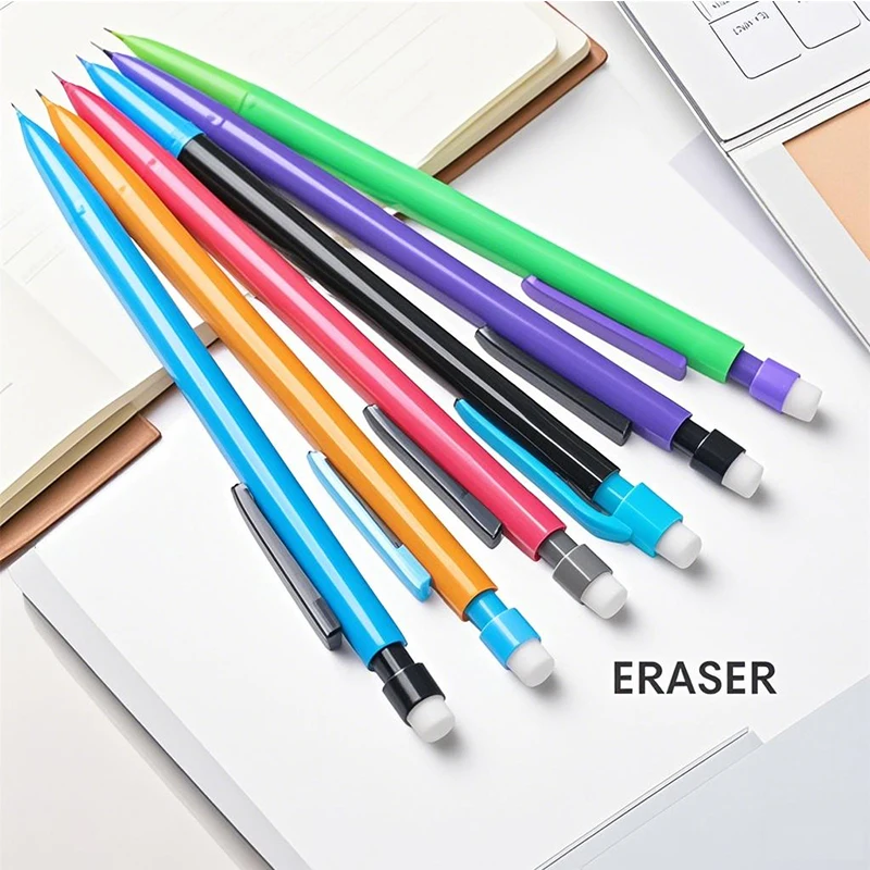Neues kreatives 5-Farben-Druckbleistift-Set mit oberer Radiergummi, 0,5/0,7 mm Minenfüllung zum Schreiben von automatischem Bleistift-Briefpapier in der Schule – Detail 3