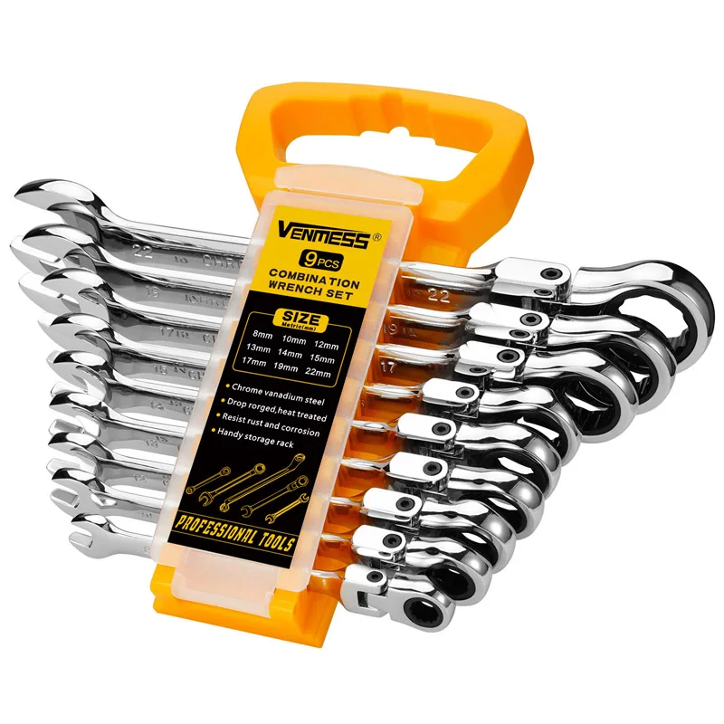 Flex-Head Ratcheting Wrench Set,Combination Ended Spanner Kits Standard Metric Wrench Sets from Gear to Tip with Organizer Rack