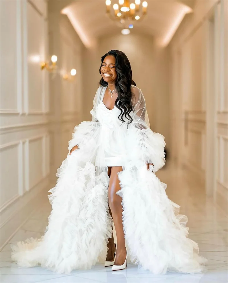 

White Women Pregnant Wedding Prom Dress For Photo Shoot 2 Pcs Ruffles Tulle Bridal Gown Belted Customized Party Prom Robe