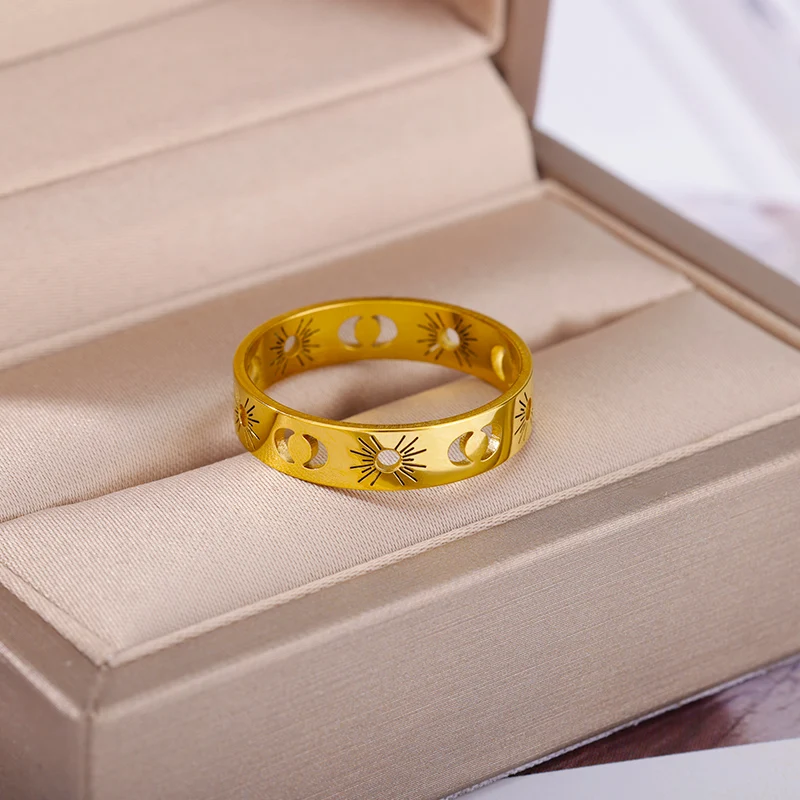 Stainless Steel Sun Moon Rings For Women Vintage Gold Color Hollow Out Finger Ring Fashion Party Aesthetic Jewelry Gifts