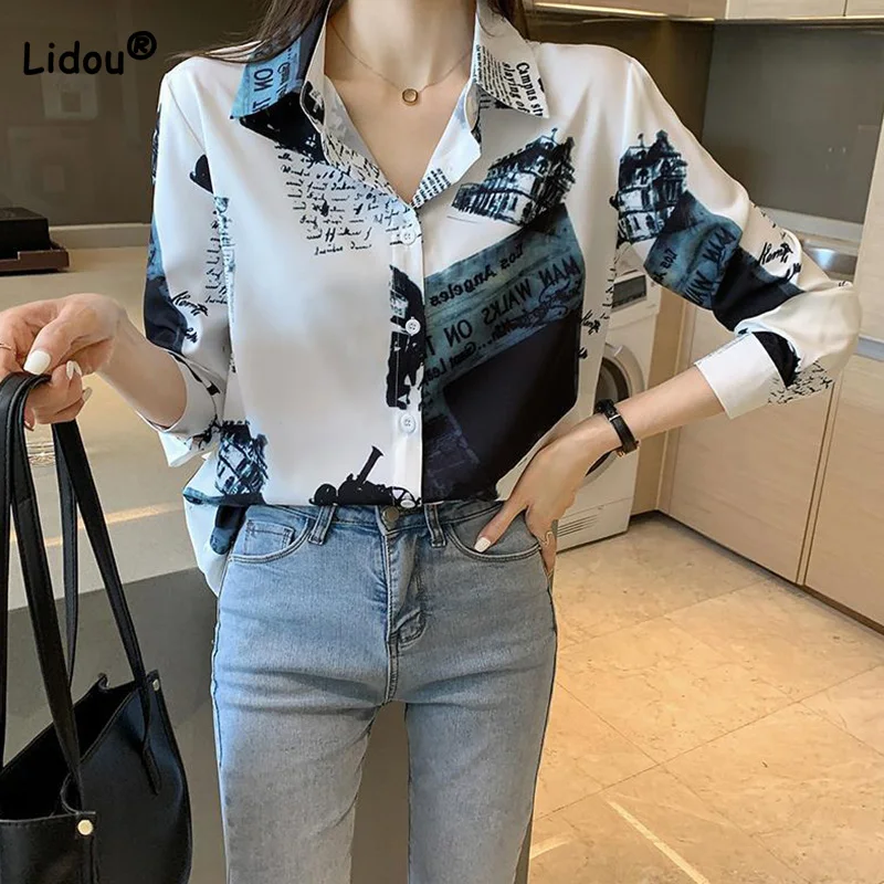 

Fashion Women Clothing 2022 Spring Autumn Polo-Neck Retro Hong Kong Flavor Letter Print Long Sleeve Casual Button Chiffon Shirt