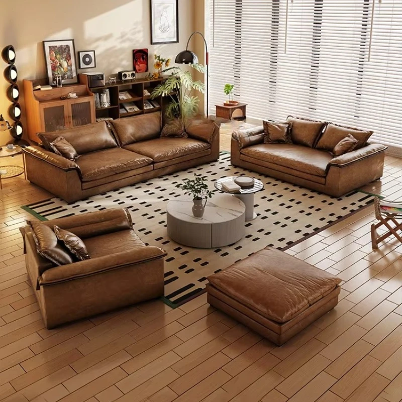 Vintage Oil Wax Genuine Cow Leather Sofa Mid-Ancient Style Living Room Simple Large Sitting Deep Straight Row Sofa