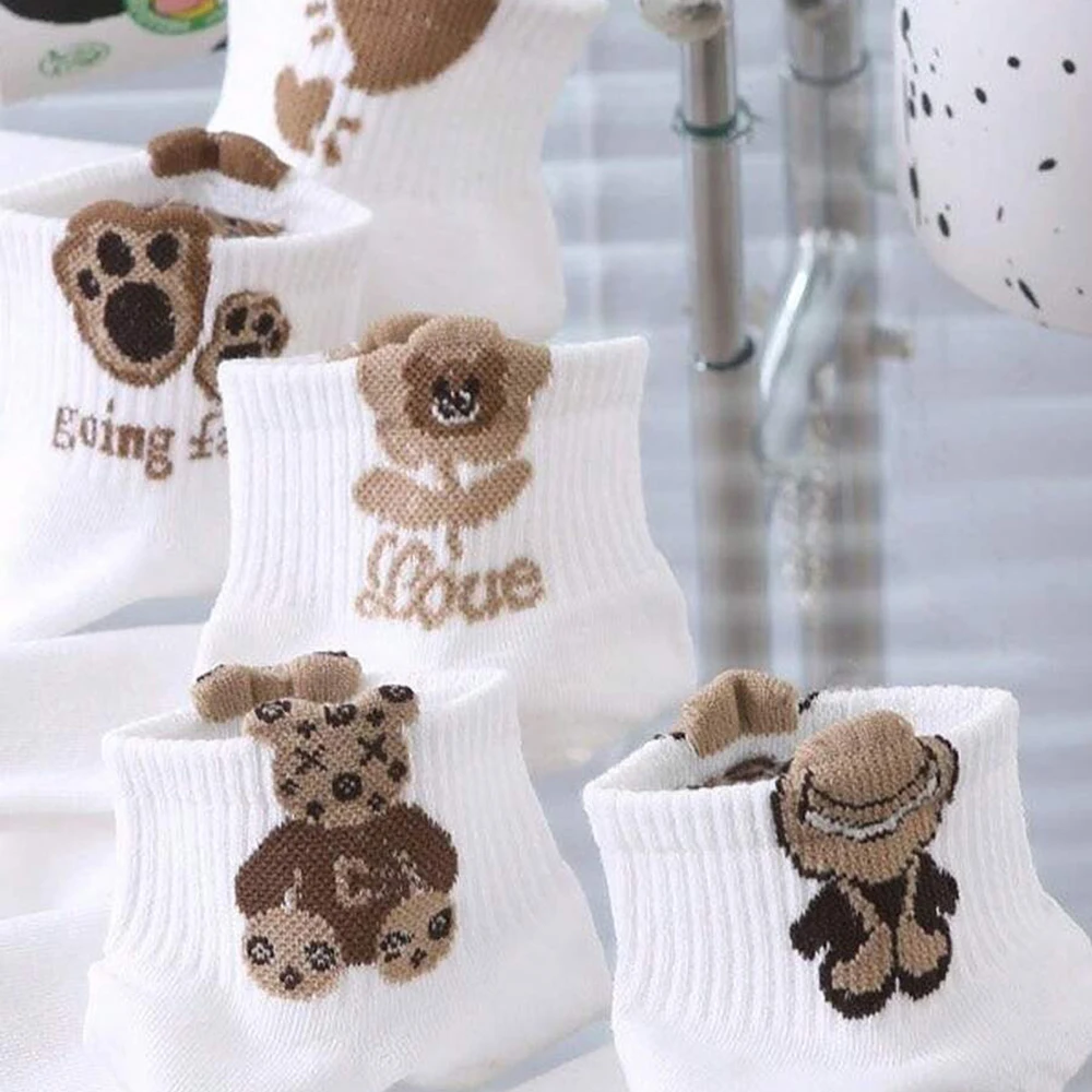 5/10 Pairs Women's Cute Bear Socks Suitable All Seasons Solid Color Trendy Flower Pattern Casual Soft And Comfortable Socks image 4
