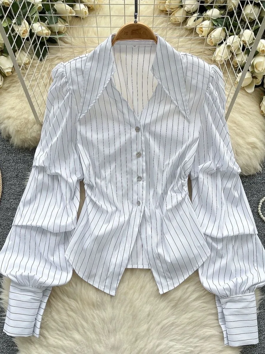 

Elegant Women's Striped Shirt Long Sleeve Pleated Collar Single Button Korean Style Commute Wind Loose Fit Waist Cinching