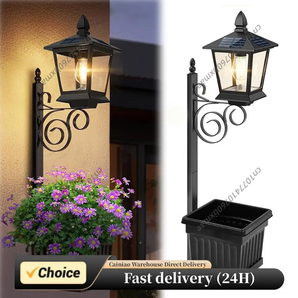 2 In 1 Solar Flower Pot Light Waterproof Outdoor Planter Lamp Wall Mounted Floor Light for Garden Patio Porch Warm White