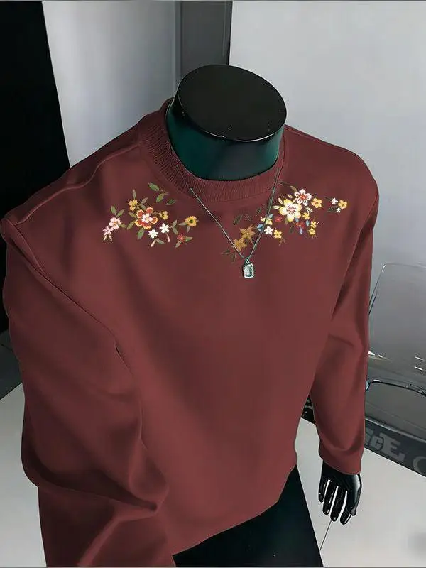 

Мужской плотный хлопковый свитшот с цветочным принтом, маленьким воротником, осенне-зимний, повседневный, удобный, эластичный, износостойкий.