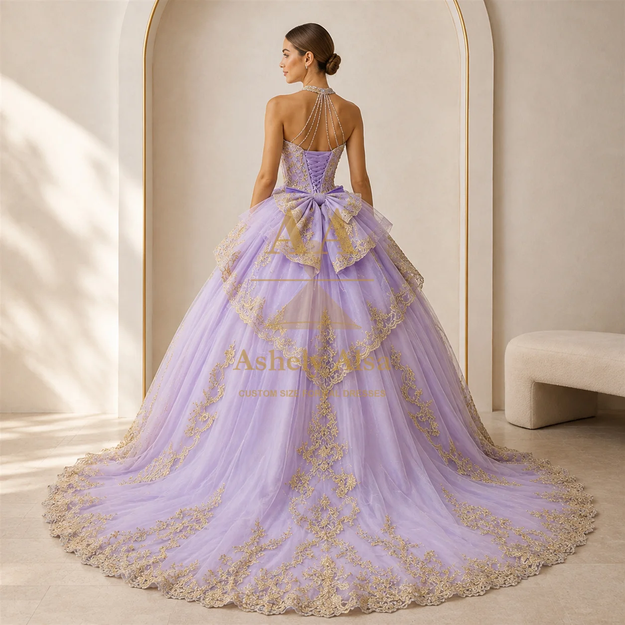 Lavender Gold Quinceanera Dress Sleeveless Embroidered Tiered Tulle Ball Gown Sweet 15 Birthday Formal Party Vestidos de 15 Anos