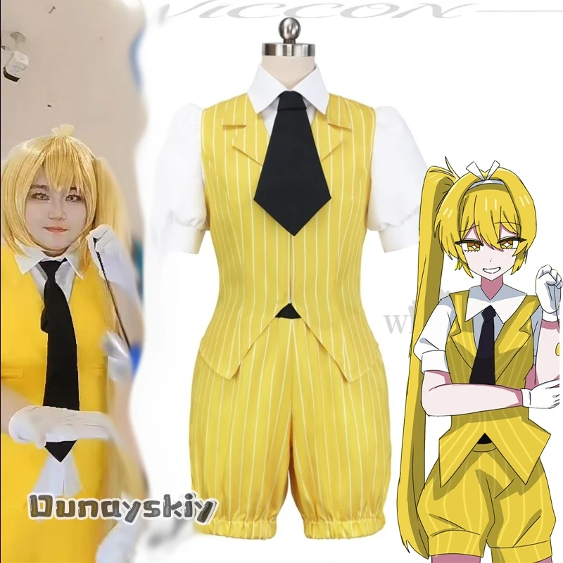 Cosplay Anime Game Project Sekai Akitata Neru Mesmerizer Uniforme d'Idole aBcAzO@Gilet à rayures jaunes court Y2K Perruque queue de cheval simple