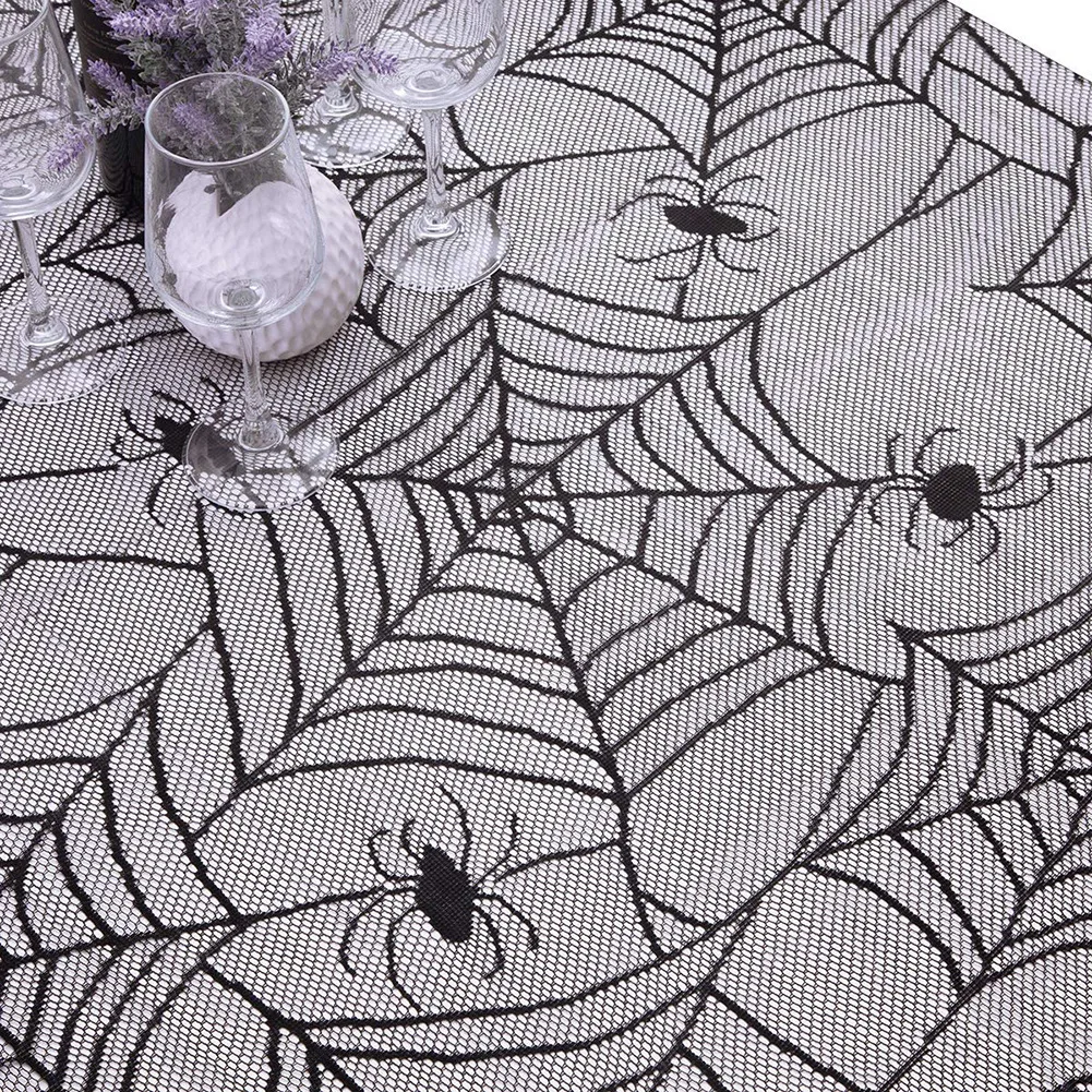 1PC Halloween Ghost Festival Black Spider Web Bat Lace Table Cloth Ghost Festival Table Cloth Decorative Cloth
